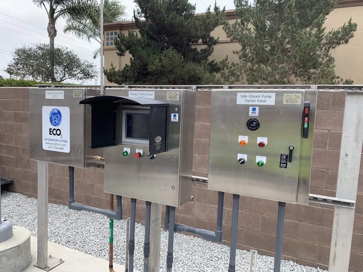 Oxygen Control Panel, Process Control Panel, and Side Stream Pump Starter Panel mounted at a treatment site